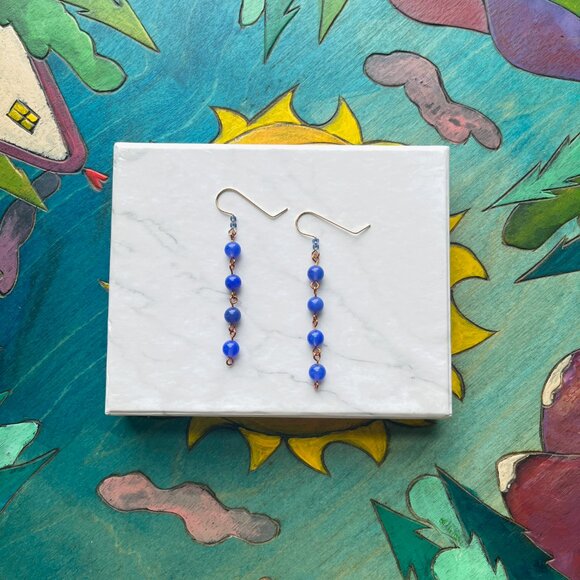 Blue Lapis Round Glass Bead Dangle Drop Earrings - Picture 4 of 5